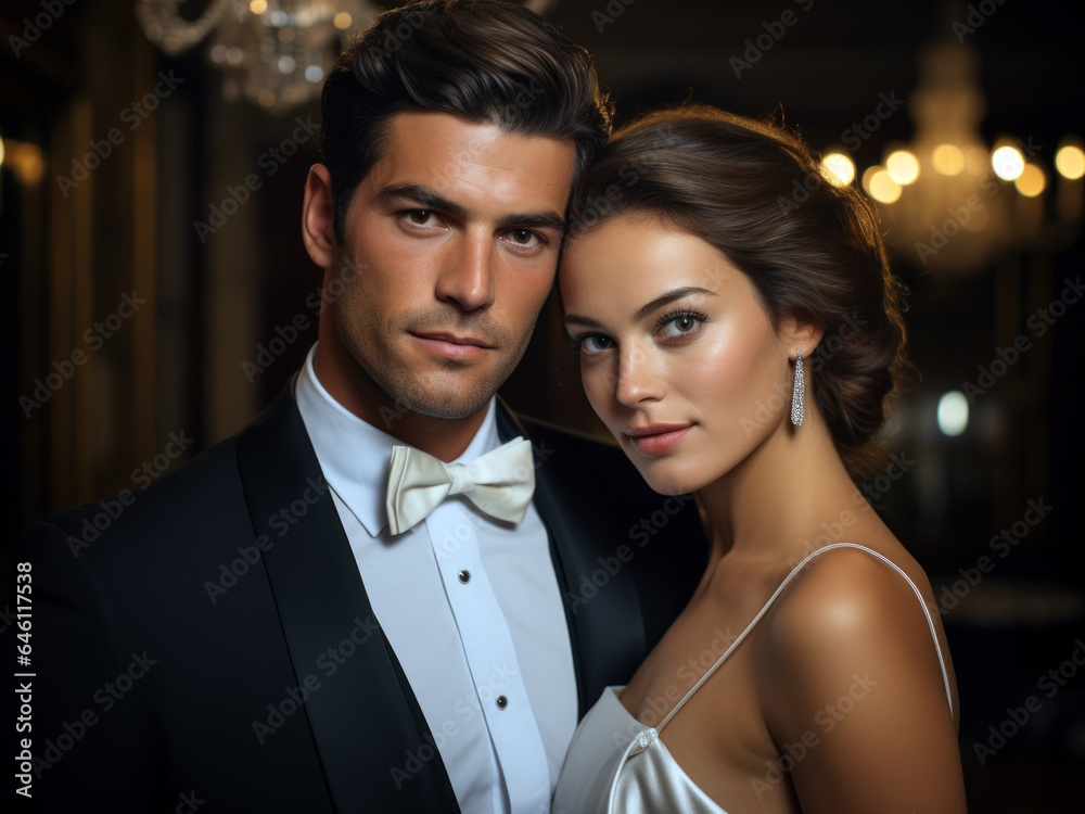 glamorous couple in elegant evening wear