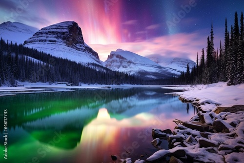 Beautiful winter night scene with colorful aurora borealis over the snow-covered Opabin Plateau, Canadian Rockies, and a lake in Yoho National Park. Generative AI