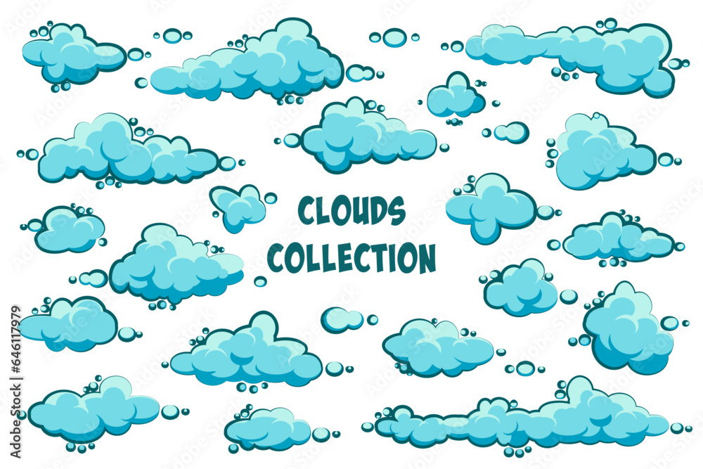 Painted cartoon clouds on blue background. Simple hand drawn round cloud, summer sky panorama, cloudscape. Flat design. Vector illustration Painted cartoon clouds on blue background. Simple hand drawn round cloud, summer sky panorama, cloudscape. Flat design. Vector illustration