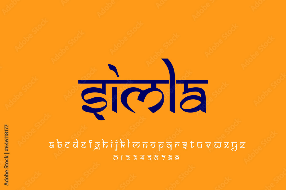 Indian City Simla text design. Indian style Latin font design, Devanagari inspired alphabet, letters and numbers, illustration.