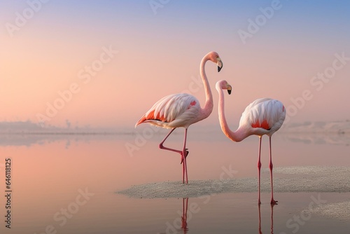 Flamingos morning coast, Bahrain. Generative AI © Anika