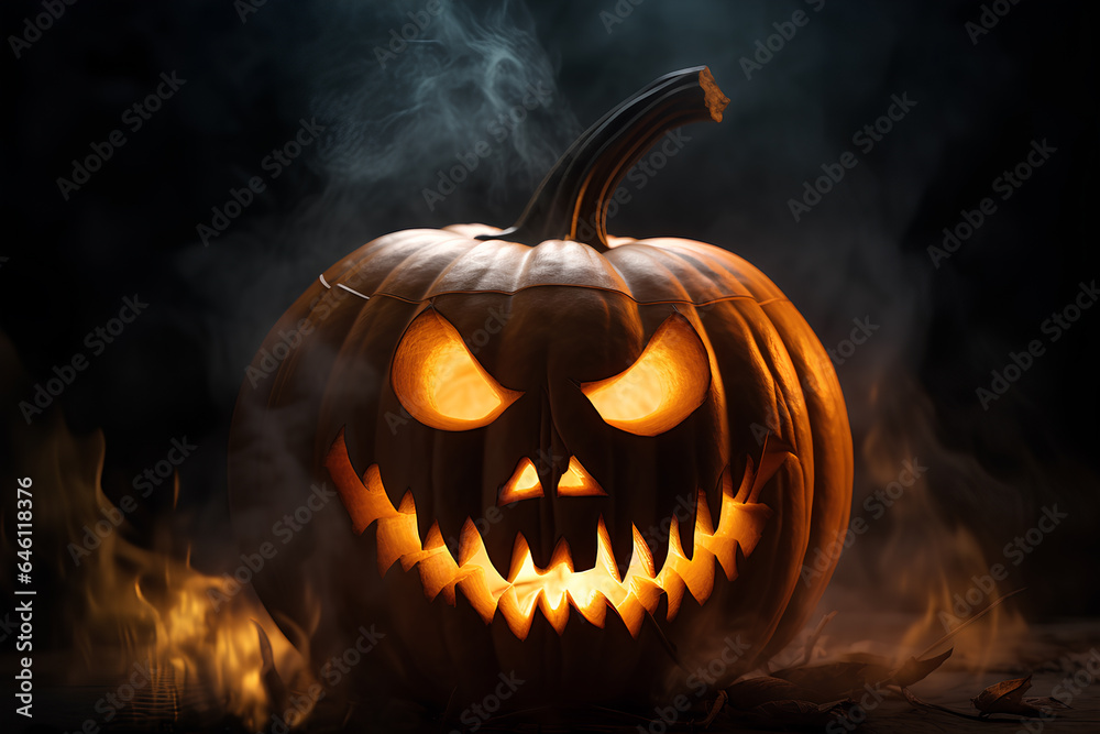 Fototapeta premium Scary halloween pumpkin on fire and smoke, spooky night.