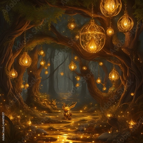 Fairy tale with golden tree. Fairyland. Generative AI.