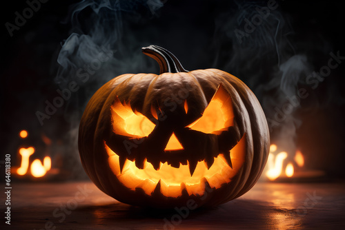 Scary halloween pumpkin on fire and smoke, spooky night.