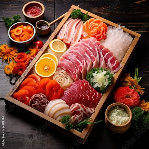 Delicious and Tasty Meat, Seafood and Vegetables Assortment on a Wooden Plate. Generative AI.