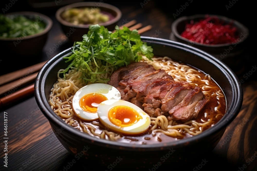 Tasty Beef Steak with Vegetables Eggs and Noodles. Generative AI. Tasty Beef Steak with Vegetables Eggs and Noodles. Generative AI.