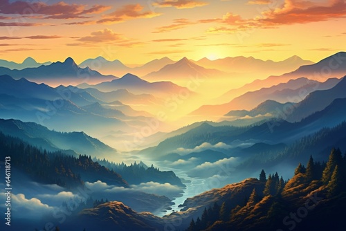 Beautiful mountain landscape with a warm and golden sunrise glow. Generative AI © Joseph