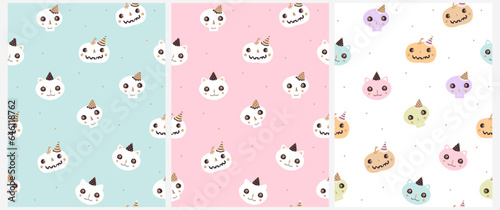 Funny Hand Drawn Halloween Seamless Vector Patterns. Set of 3 Repeatable Prints with Skull, Pumpkin and Cat on a Pastel Pink, Light Blue and White Background.Halloween Party Illustrations. RGB Colors.