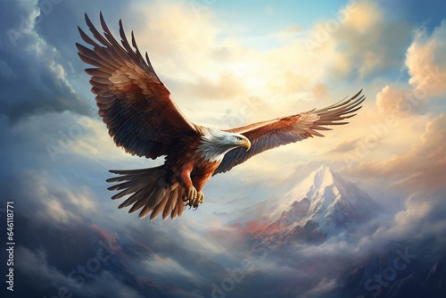 a soaring bird with outstretched wings glides above the clouds. Generative AI © Joseph