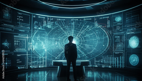 Futuristic businessman standing, watching cityscape blueprint on glowing computer graphic generated by AI