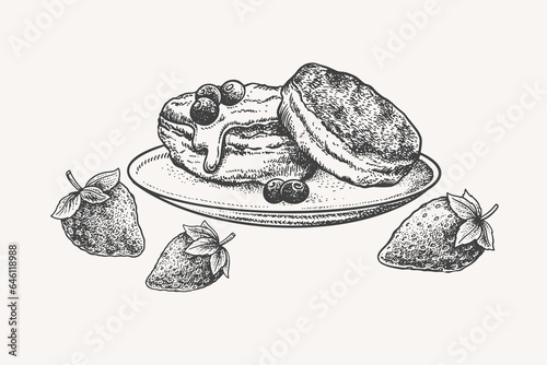 Hand drawn sweet curd pancakes with strawberries and blueberries. Dessert in a vintage style. Cafe, restaurant menu design elements. Vintage vector illustration on a light isolated background.