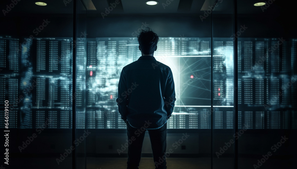 Fototapeta premium Handsome businessman standing in glowing cityscape, holding computer, working indoors generated by AI