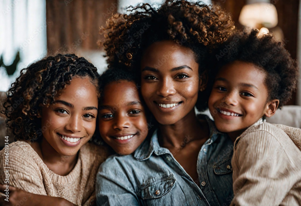 portrait afro amcerican family  indoor smiling together - obrazy, fototapety, plakaty 