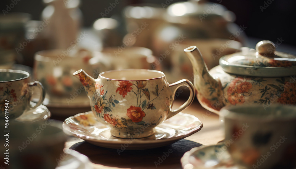 Antique ceramics collection tea and coffee cups stacked elegantly generated by AI Antique ceramics collection tea and coffee cups stacked elegantly generated by AI