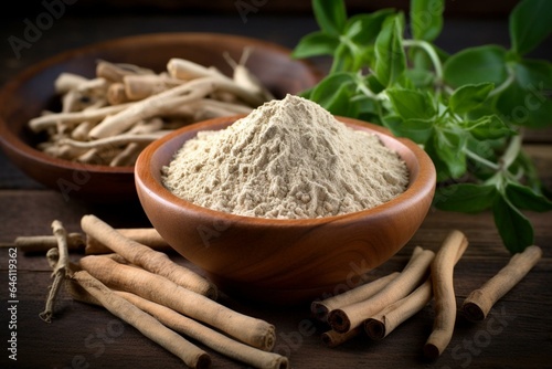 ashwagandha is a traditional herbal remedy available as stem and powder. Generative AI photo
