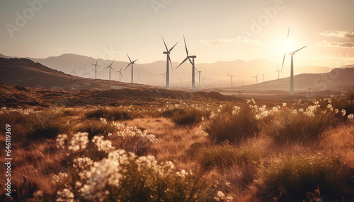 Wind turbines turning, generating sustainable power for rural landscapes generated by AI