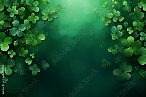 Green background with shamrocks and four-leaf clover, symbolizing St. Patrick's Day. Generative AI