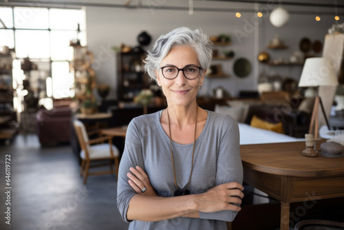 Portrait of a smiling woman with grey hair, small business owner in her furniture store