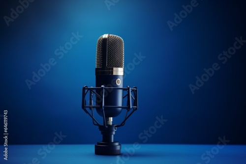 Classic microphone on blue backdrop in a podcasting setup. Generative AI