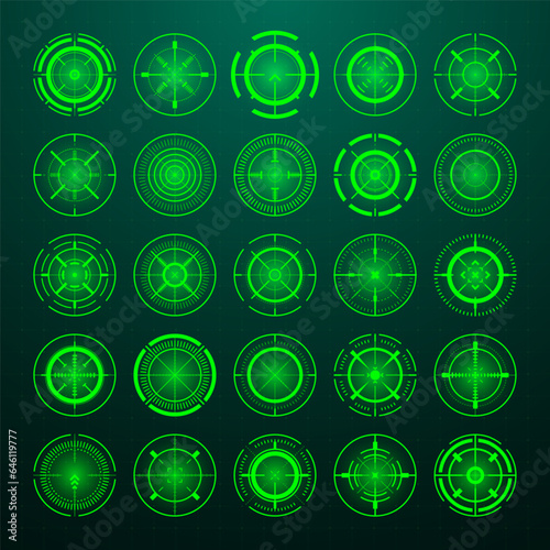 Crosshair, gun sight vector icons. Bullseye, black target or aim symbol. Military rifle scope, shooting mark sign. Targeting, aiming for a shot. Archery, hunting and sports shooting. Game UI element.