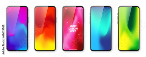 Smartphone with touch screen and abstract colorful background, wallpaper. Frameless mobile phone in front view. High quality detailed device mockup. Vector illustration