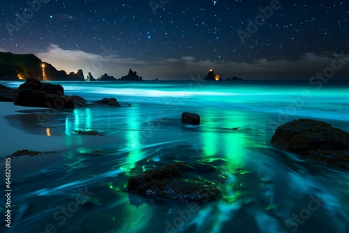 Beach covered in luminous blue-green glow at night. Generative AI
