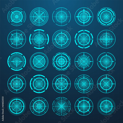 Crosshair, gun sight vector icons. Bullseye, black target or aim symbol. Military rifle scope, shooting mark sign. Targeting, aiming for a shot. Archery, hunting and sports shooting. Game UI element.