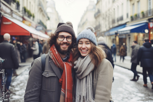 A young cheerful couple having fun in Paris, Enjoying Christmas Market