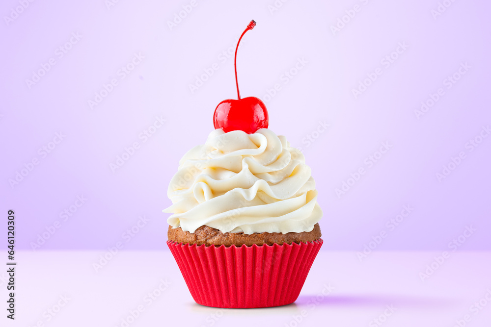 Cupcake. Birthday cupcake with cherry on top. Red cup liners. Happy Birthday. Tasty baking cupcakes, cake or muffin with white cream icing, frosting. Bakery, confectionery. Purple background. Cupcake. Birthday cupcake with cherry on top. Red cup liners. Happy Birthday. Tasty baking cupcakes, cake or muffin with white cream icing, frosting. Bakery, confectionery. Purple background.