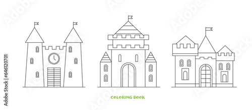 Coloring for children vector illustration. Set of cartoon fairytale castles. It can be used to decorate children`s books. The antistress picture on a white isolated background.