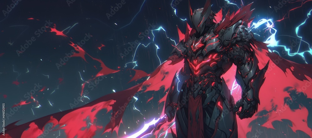 electric knight in neon armor, ready for battle, Generative AI