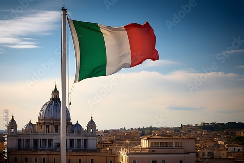 A stunning Italian tricolor national flag flies in the wind from a flag pole near beautiful traditional Italian buildings. Natural light. Generative AI.