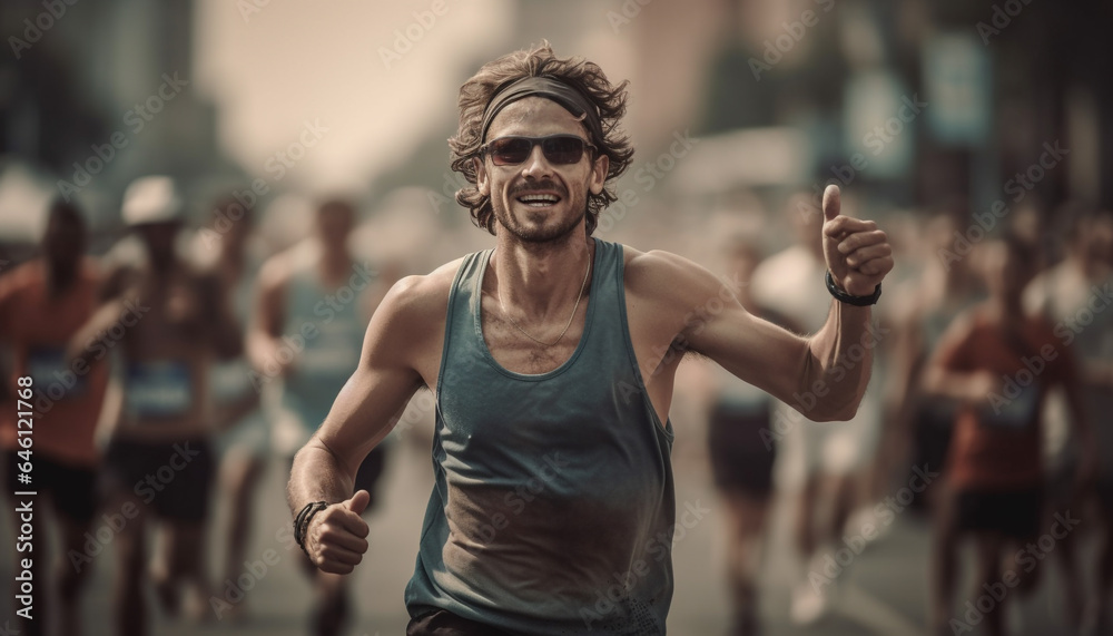 Fototapeta premium Smiling athlete jogging outdoors in sports clothing with confidence generated by AI