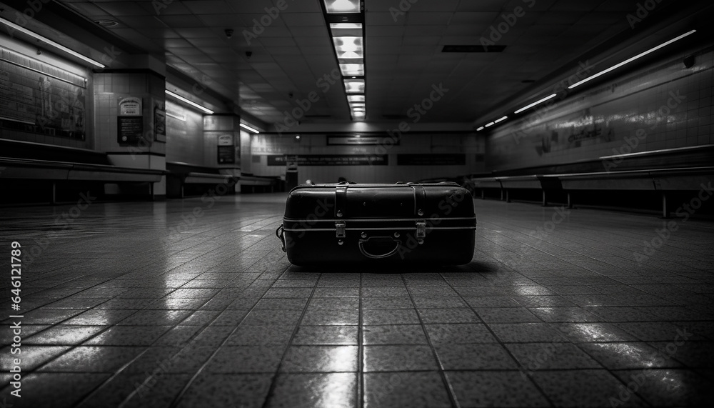 Empty corridor of modern subway station with luggage and suitcase generated by AI Empty corridor of modern subway station with luggage and suitcase generated by AI