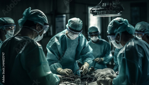 A team of surgeons in protective workwear operating with expertise generated by AI