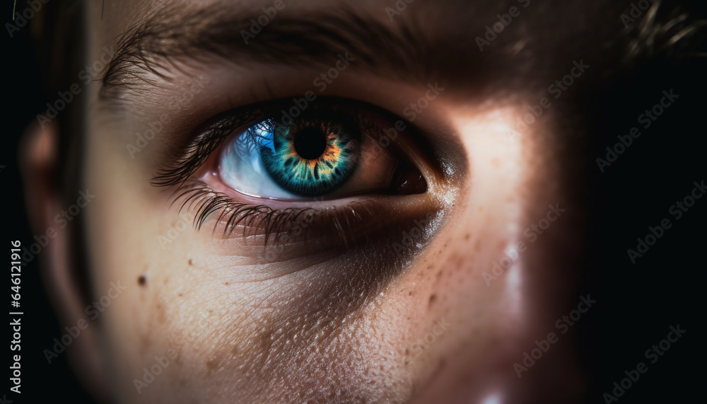 Blue eyed woman staring, watching, beauty reflected in wet iris generated by AI Blue eyed woman staring, watching, beauty reflected in wet iris generated by AI