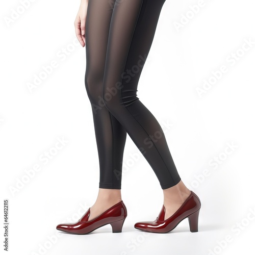 woman's legs, standing in tight leggings and heels