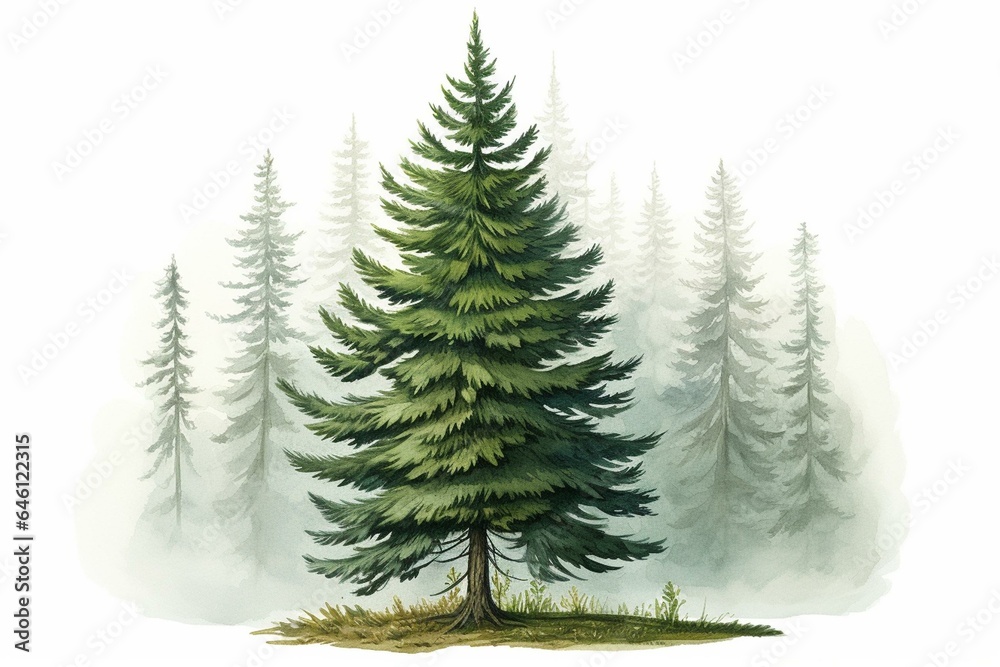 An illustration of a spruce tree on a white background. Generative AI