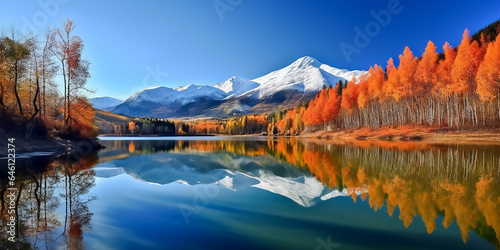 Panoramic view of scenic autumn landscape with fall ffoliage and snow covered mountains  Generative AI image.