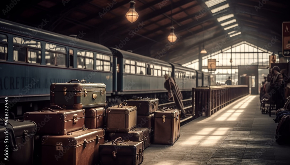 Passenger leaving old suitcase on crowded railroad station platform generated by AI