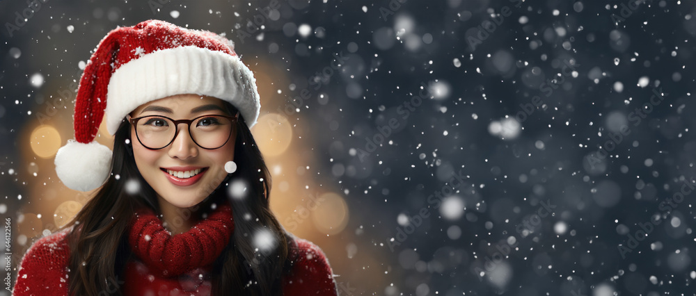 Christmas Themed woman wearing glasses with room for copy space created with Generative AI technology