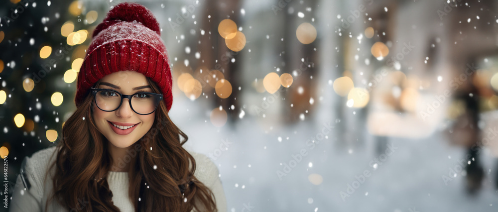 Christmas Themed woman wearing glasses with room for copy space created with Generative AI technology Christmas Themed woman wearing glasses with room for copy space created with Generative AI technology