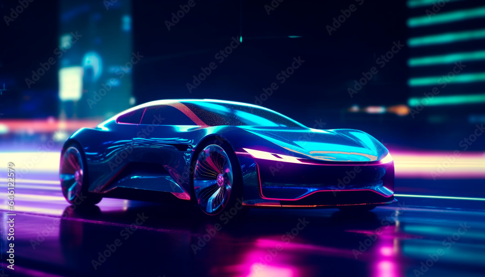Electric blue sports car races through dark night with elegance generated by AI