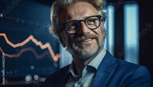 Confident businessman smiling, looking at camera, success in corporate business generated by AI