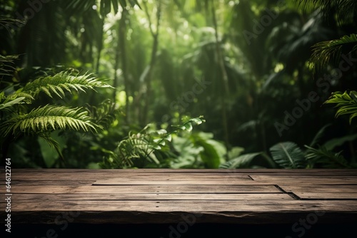 Wooden table  jungle forest background. Generative AI