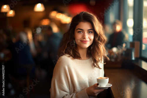 Beautiful Woman Holding A Mug Of Offee In Her Hand In A Cafe. Ai Generated 