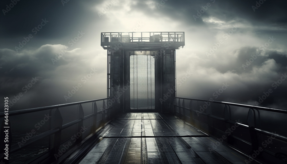 Obraz premium Metal bridge over dark water, ominous sky, vanishing point generated by AI