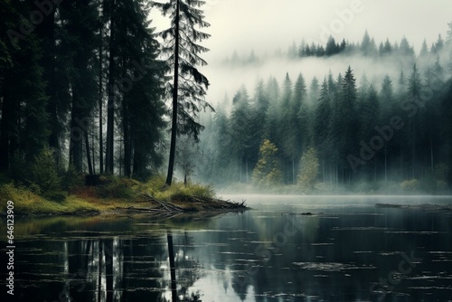 A misty lake engulfed by woods amidst a forest with trees standing by the lakeside. Generative AI