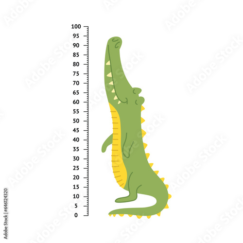 Cartoon Color Children Meter Wall or Height Chart or Wall Sticker Concept Flat Design Style. Vector illustration of Ruler for Size Measure with Crocodile