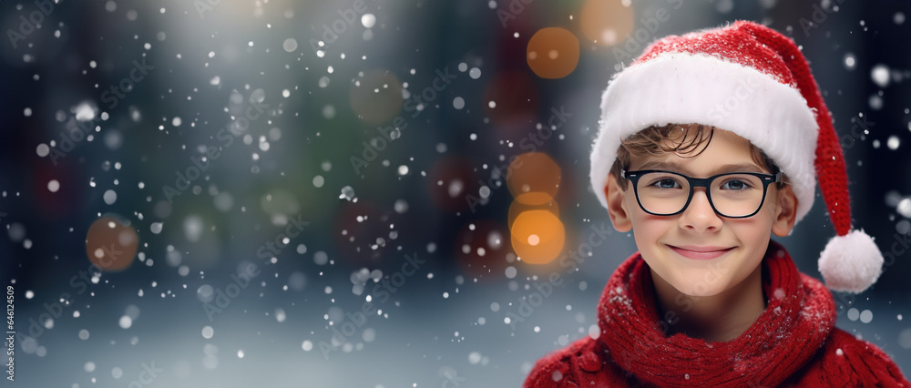 Christmas Themed boy wearing glasses with room for copy space created with Generative AI technology Christmas Themed boy wearing glasses with room for copy space created with Generative AI technology